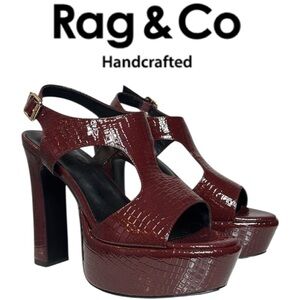 RAG & CO. HANDCRAFTED CROFT BURGUNDY CROC EMBOSSED CUTOUT  PLATFORM SANDALS